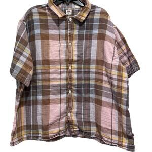 Levis Shirt Mens XL Pink Brown Plaid Short Sleeve Button Up Hemp Blend Casual
